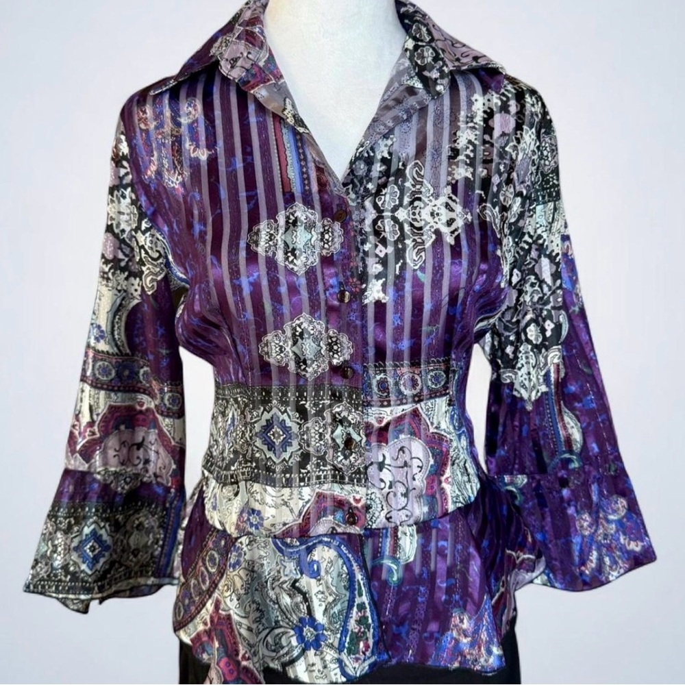 Y2K Patchwork Blouse | Bell Sleeves | Jewel Tone | Petite Small